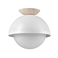 Globe Electric Oswald 1-Light Flush Mount, Matte White, Faux Wood Accent Canopy, Frosted Glass Shade, Bulb Not Included