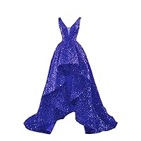 Mollybridal 2024 Glitter Sequined Fabric Hi Low A line Prom Bridesmaid Party Dresses Deep V Neck Backless