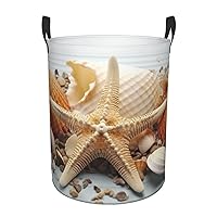 Starfish and shells Printed Laundry Hamper with Durable Handle Foldable Laundry Basket for Bathroom Bedroom Waterproof Organizer Basket Dirty Clothes Organizer Bag for Dorm