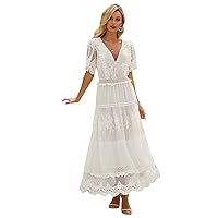 Women's Casual Floral Lace V Neck Short Sleeve Long Evening Dress Boho Cocktail Party A Line Maxi Dress Photo Shoot