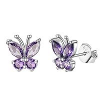 FindChic Sterling Silver Butterfly Clip-on/Stud Earrings for Women 12 Birthstone Color Options Bling Simulated Diamond Hypoallergenic Tiny Cuff Earrings, with Gift Box