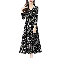 Women's Casual Boho Dress Long Sleeve V Neck Floral Pleated Ruffle Maxi Skirt Gathered Cocktail Dress
