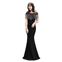 Women's O Neck Crystals Sleeves Mermaid Satin Long Formal Evening Prom Homecoming Party Cocktail Dresses Gown