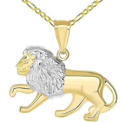 High Polish 14K Yellow Gold Lion Pendant Leo Zodiac Sign Charm with Figaro Chain Necklace, 24