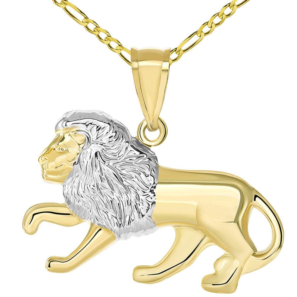 High Polish 14K Yellow Gold Lion Pendant Leo Zodiac Sign Charm with Figaro Chain Necklace, 24