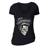 Women's Greaser Skeleton Sugar Skull Day of Dead V-Neck Short Sleeve T-Shirt