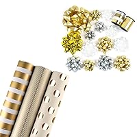 WRAPAHOLIC [2-PACK] Gold Print Wrapping Paper Set and Gold Gift Bows - For Wedding, Birthday, Baby Shower