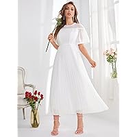 Women's Dresses Casual Wedding Solid Lace Trimed Pleated Hem Dress Wedding Guest (Color : White, Size : Small)