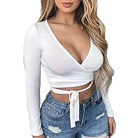 Artfish Women Sexy Deep V Neck Crop Top Bandage Wrap Tie Tight Cropped Fitted Cleavage Shirts