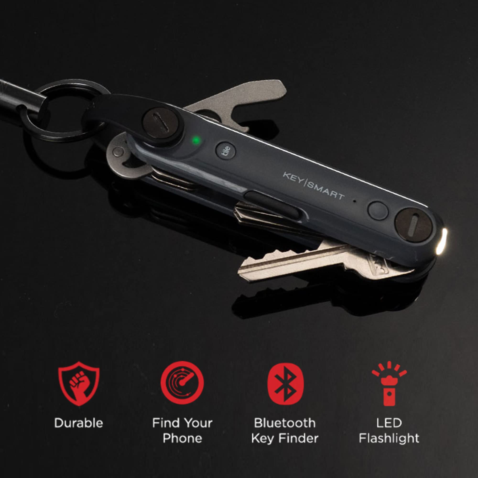 KeySmart Max Trackable Smart Key Organizer - Tile Tech Compact Keychain Key Holder, LED Flashlight, Tile Bluetooth Key Finder, Attach Car Key Fob, Keychain Accessories (up to 14 Keys, Steel Gray)