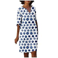 Mini Nice Short Sleeve Tunic Dress Womens Valentines Day Pub Comfort Button for Ladies Cotton Fitted Print Blue M