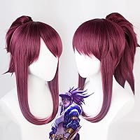 Anime Game Cosplay Wigs LOL KDA Akali Hair Extensions Ponytail Wig Wine Red with Cap Halloween Christmas Carnival Party for Women Kids Girls and Ladies