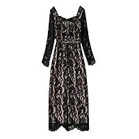 Summer Midi Black Lace Dresses for Women Party Elegant Chic Square Collar Robes Long Sleeve Straight Dresses