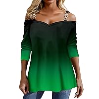 Women's Cold Shoulder 2023 Casual Tops Long Sleeve Sexy V Neck Chain Detail Shirts Color Block Dressy Tunic Blouses