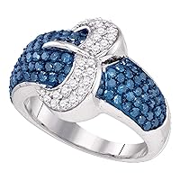 TheDiamondDeal 10kt White Gold Womens Blue Color Enhanced Diamond Belt Buckle Cocktail Ring 1-3/8 Cttw