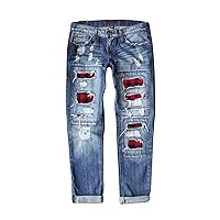 Womens Plaid Patch Ripped Jeans Baggy Distressed Stretch Skinny Denim Jeans Frayed Destroyed Denim Jeans with Hole