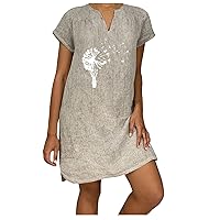 Shirt Dress for Women Dandelion Print Shift Short Sleeve Swing Tshirt Dress V Neck Cute Knee Length Dress