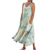 2024 Summer Dresses for Women Casual Solid Colour Printed Sleeveless Round Neck Pocket Plus Size Dress