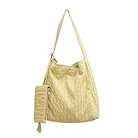 Women Korean Style Casual Canvas Bucket Bag with Small Pouch Pleated Striped Shoulder Bag Large Capacity Crossbody Bag