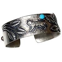 Men's Antique Silver Plated Brass Wolf and Flora Cuff - Jasper and Turquoise