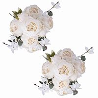 Fule 2 Pack Large Artificial Peony Silk Flower Bouquets Arrangement Wedding Centerpieces (Cream White)