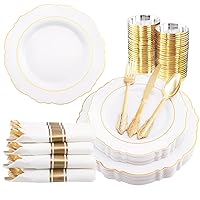 Liacere 350PCS Gold Plastic Plates-Disposable White and Gold Plates 50guest Baroque Plastic Dinnerware include 100Plates, 50Pack Pre Rolled Napkins with Silverware 50Cups for Wedding & Mother's Day