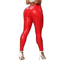 SEASUM Faux Leather Leggings for Women Stretchy High Waisted Butt Lifting Black Pleather Pants Outfit Sexy PU Leggings Tights