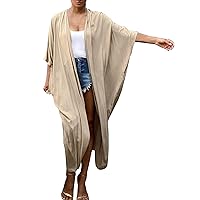 Chunoy Women's Solid Open Front Sleeveless Long Beach Cover Ups Kimono Cardigan