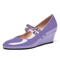 Womens Round Toe Buckle Patent Mary Jane Uniform Adjustable Strap Wedge Low Heel Pumps Shoes 2 Inch