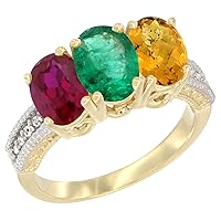 Silver City Jewelry 10K Yellow Gold Enhanced Ruby, Natural Emerald & Whisky Quartz Ring 3-Stone Oval 7x5 mm, Sizes 5-10
