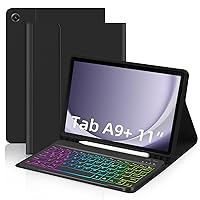 Case with Keyboard for Samsung Galaxy Tab A9 Plus 11 inch (SM-X210/X216/X218),7 Color Rainbow Backlight Detachable Keyboard Magnetic Case with Pen Slot for Tablet A9+ 5G Black