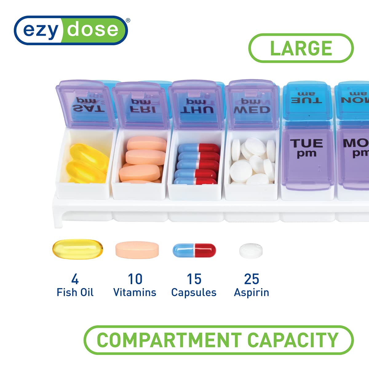 Ezy Dose Weekly (7-Day) AM/PM Pill Organizer, Vitamin and Medicine Box, Small Pop-out Compartments, 2 Times a Day, Blue and Purple Lids