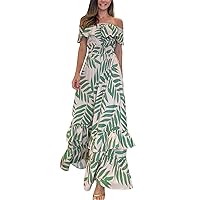 Maxi Dress for Women Women Summer Dresses 2023 Casual Flowy Beach Square Off Shoulder Short Sleeve Smocked Back
