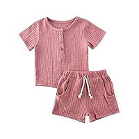 GOOCHEER Toddler Baby Boy Girl Clothes Solid Linen Short Sleeve T-Shirt Tops Shorts Pants Unisex 2Pcs Summer Outfits Set