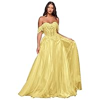 Junior's Glitter Tulle Prom Dresses Lace Appliques A-Line Formal Dress Off Shoulder Prom Ball Gown MN906