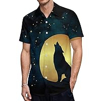 Wolf Howling Full Moon Hawaiian Shirt for Men Short Sleeve Button Down Summer Tee Shirts Tops