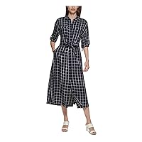 Calvin Klein Womens Navy Tie Unlined Plaid Elbow Sleeve Collared Tea-Length Wear to Work Shift Dress 2