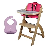 Abiie Beyond Junior Natural Wood/Pink Cushion Convertible 3-in-1 Wooden High Chairs for 6 Months to 250 lbs, and Ruby Wrapp Pink Lavender Waterproof Silicone Bibs with Front Pocket - Baby Essentials