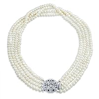 Antique Vintage Art Deco Style Wide Statement Bridal Four Multi Strand White Freshwater Cultured Pearl Choker Bracelet Necklace For Women, Wedding Silver Plated Brass 7.5