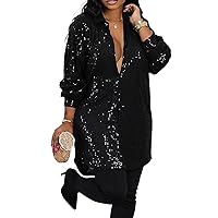 Women Shirt Mini Dress Sparkly Real Sequin Button-Down Long Sleeve Party Club Loose Sexy Top
