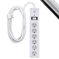 GE 6-Outlet Surge Protector, 20 Ft Extension Cord, Power Strip, 800 Joules, Flat Plug, Twist-to-Close Safety Covers, Protected Indicator Light, UL Listed, White, 50770