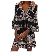 Plus Size Women 3/4 Tiered Bell Sleeve Leopard Shirt Dress Summer V Neck Fashion Casual Loose Fit Tunic Dresses