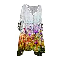 Women's Cotton Linen Dress Summer Boho Floral 3/4 Sleeve V Neck Flowy Loose Casual Beach Dresses Comfy Tunic Dress