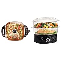 BELLA Electric Skillet and Frying Pan with Glass Lid & Two Tier Food Steamer with Dishwasher Safe Lids and Stackable Baskets & Boil Dry Protection