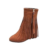 Classic Fringe Mid Women Boots Pull On Flat Winter Shoes Women's Tassel Bootie Fringe Hidden Wedge Heel Ankle Boots
