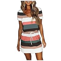 Women's Summer Boho Casual Loose Sling Sleeveless Stripe Contrasting Colors Mini Dress Sun Beach with Pockets