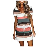 Dress for Women 2024 Summer Casual Loose V Neck Mini Sundress Fashion Striped Drawstring T Shirt Dress with Pockets