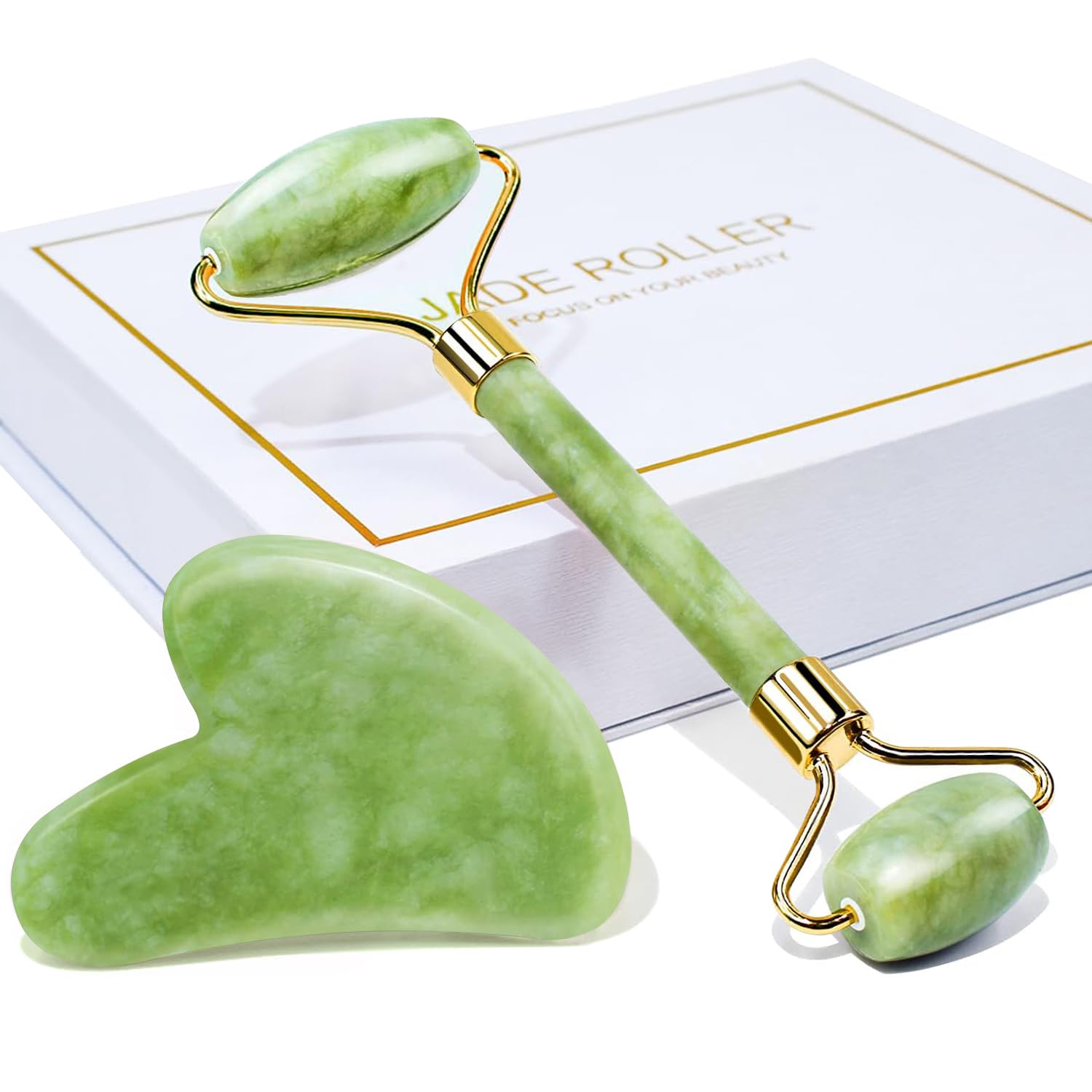 BAIMEI Jade Roller & Gua Sha Facial Tools Face Roller and Gua Sha Set for Skin Care Routine and Puffiness - Green