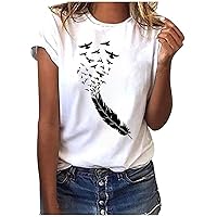 Womens Summer Tops Vintage Retro Feather Graphic Tee Casual Short Sleeve T-Shirt Crewneck Loose Fit Tunic Blouse