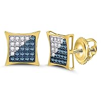 The Diamond Deal 10kt Yellow Gold Mens Round Blue Color Enhanced Diamond Square Kite Cluster Earrings 1/6 Cttw